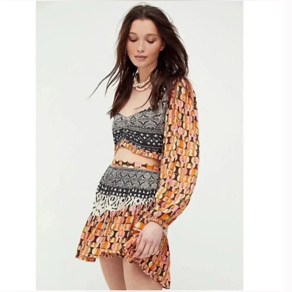 Free People Naomi Printed Set Long Sleeve Ruffle Skirt / Size L